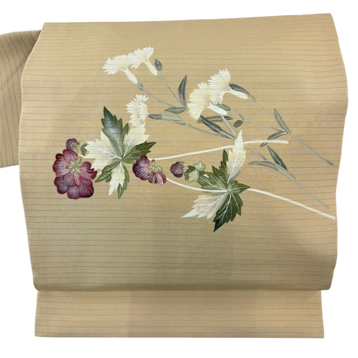 美品】 名古屋帯 逸品 落款あり 夏帯 絽 楠目ちづ 草花 銀彩 薄茶色