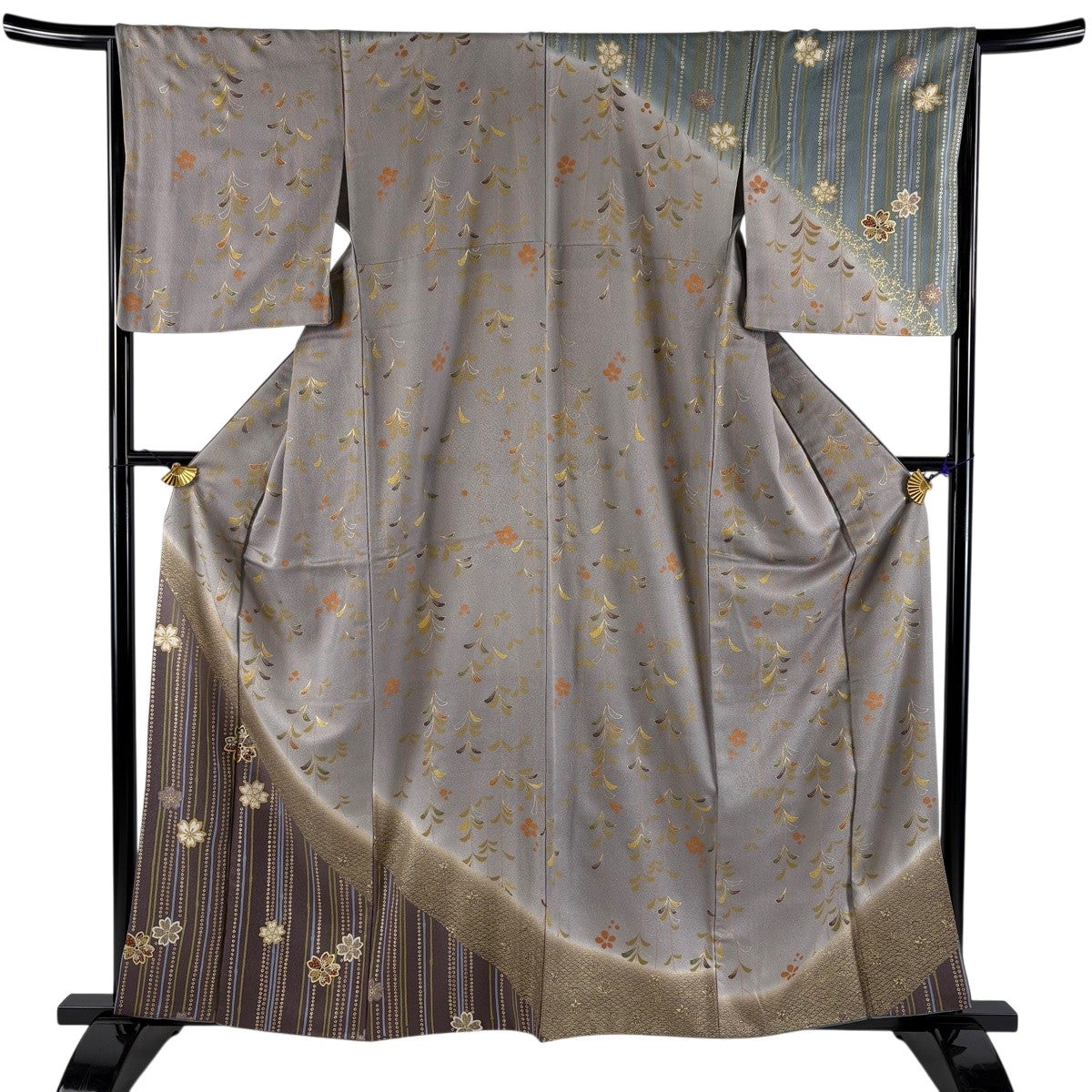 美品】 訪問着 身丈161cm 裄丈66cm M 袷 辻が花柄 ぼかし 茶緑色 正絹