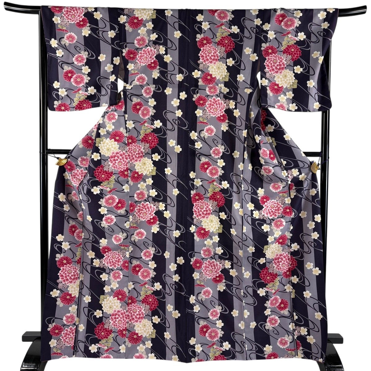 小紋 身丈167cm 裄丈67cm M 袷 洗える着物 菊 紫 化繊 優品｜中古