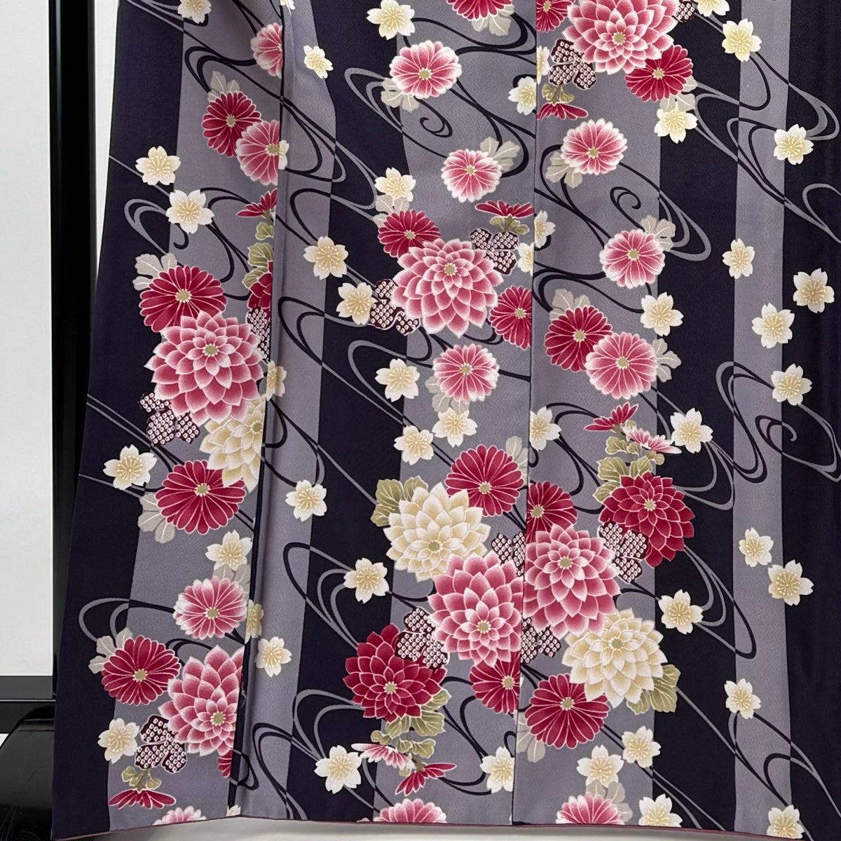 小紋 身丈167cm 裄丈67cm M 袷 洗える着物 菊 紫 化繊 優品｜中古
