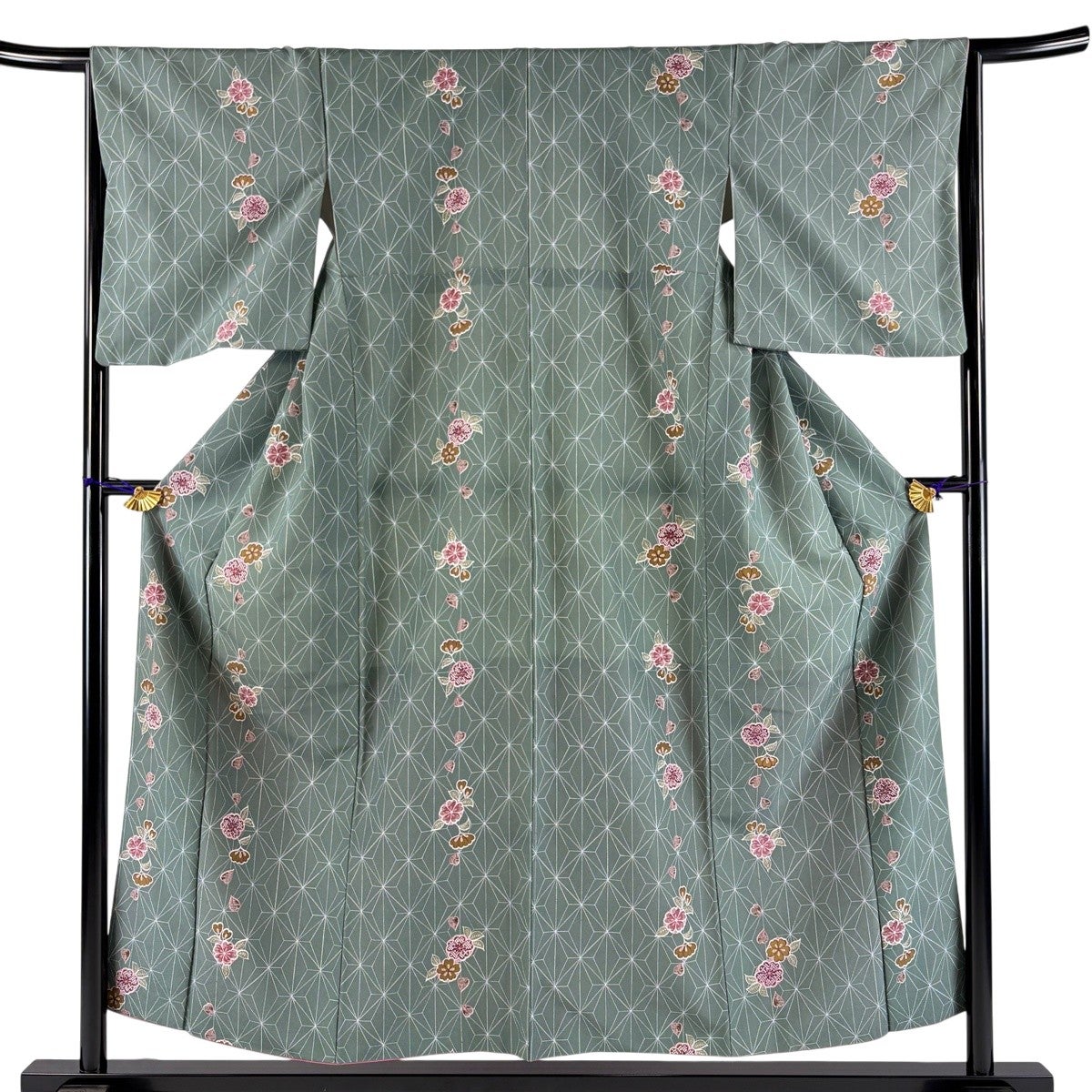 小紋 身丈154cm 裄丈65.5cm M 袷 桜 麻の葉 灰緑 化繊 優品｜中古