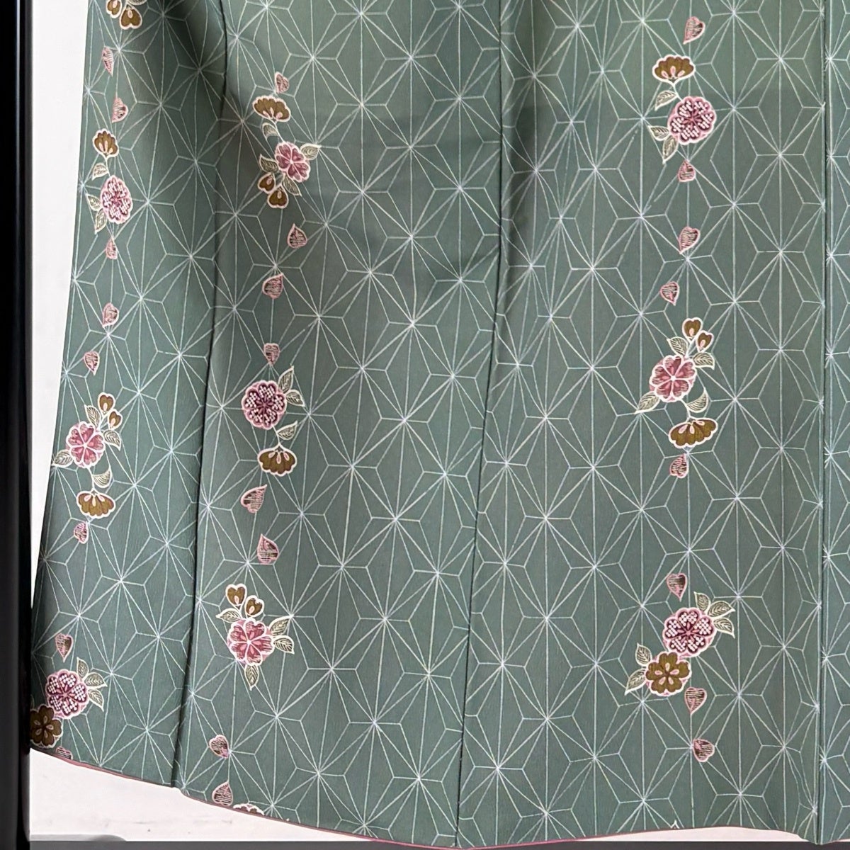 小紋 身丈154cm 裄丈65.5cm M 袷 桜 麻の葉 灰緑 化繊 優品｜中古