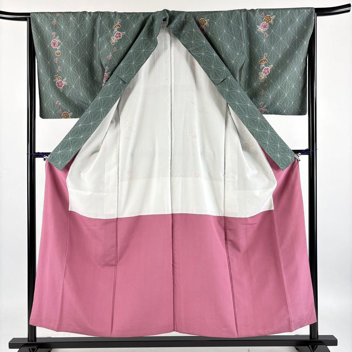 小紋 身丈154cm 裄丈65.5cm M 袷 桜 麻の葉 灰緑 化繊 優品｜中古