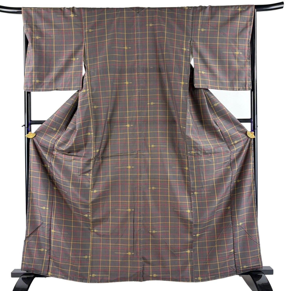 紬 身丈162.5cm 裄丈64cm M 袷 格子 オレンジ 正絹 優品｜中古・古着