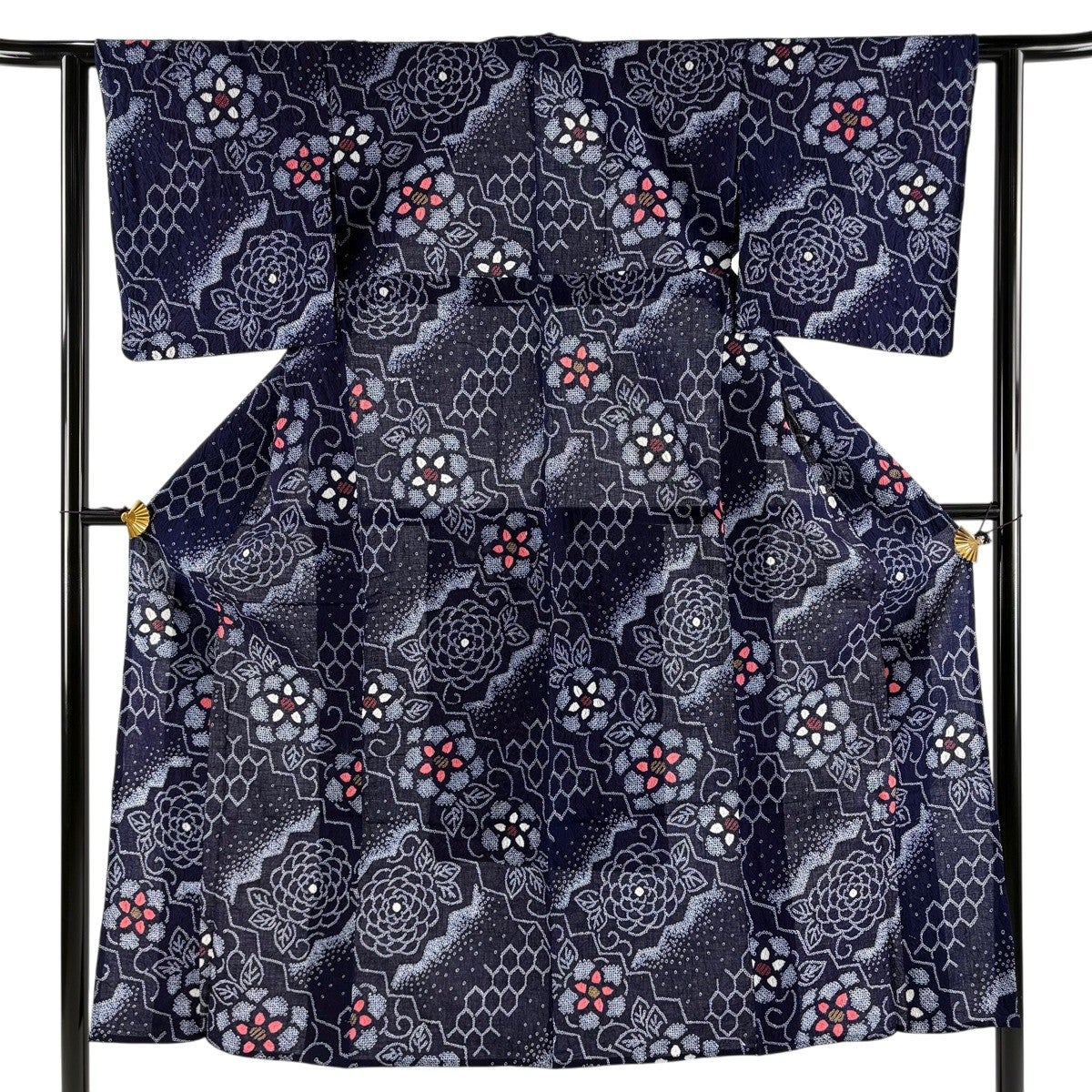 美品】 浴衣 身丈147.5cm 裄丈61cm S 絞り浴衣 草花 亀甲 濃紺 綿 名品