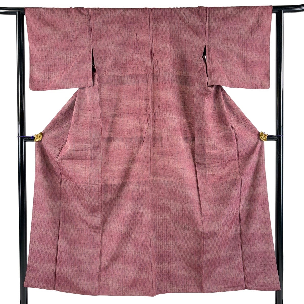 小紋 身丈150cm 裄丈62.5cm S 袷 紬地 胴抜き 縞 赤紫 正絹 名品｜中古