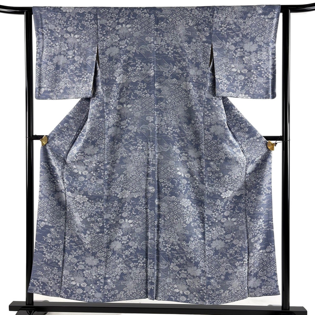 小紋 身丈152cm 裄丈62cm S 袷 紋意匠 草花 松 青灰色 正絹 名品｜中古