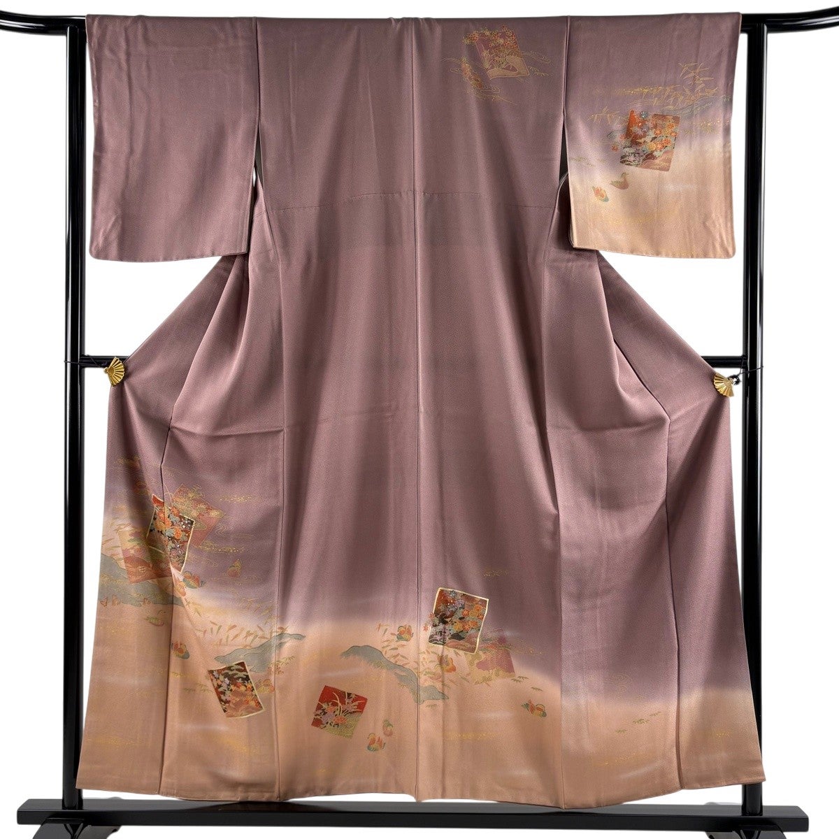 訪問着 身丈154.5cm 裄丈63cm S 袷 色紙 草花 螺鈿 金銀彩 紫 正絹
