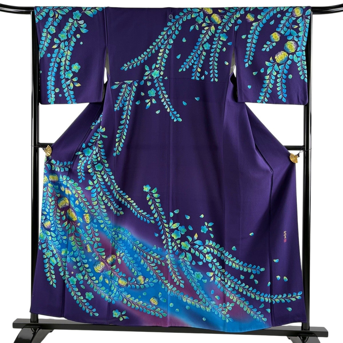 美品】 訪問着 身丈157.5cm 裄丈66cm M 袷 落款あり 草花 ぼかし 濃紫