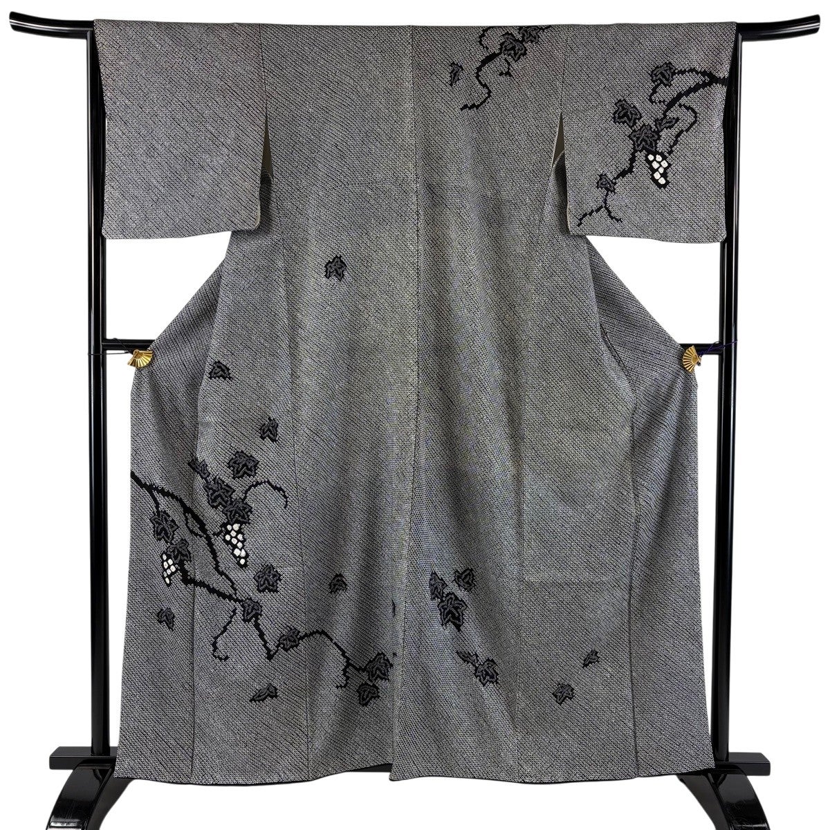 訪問着 身丈161cm 裄丈64.5cm M 袷 葡萄 総絞り 黒 正絹 名品｜中古