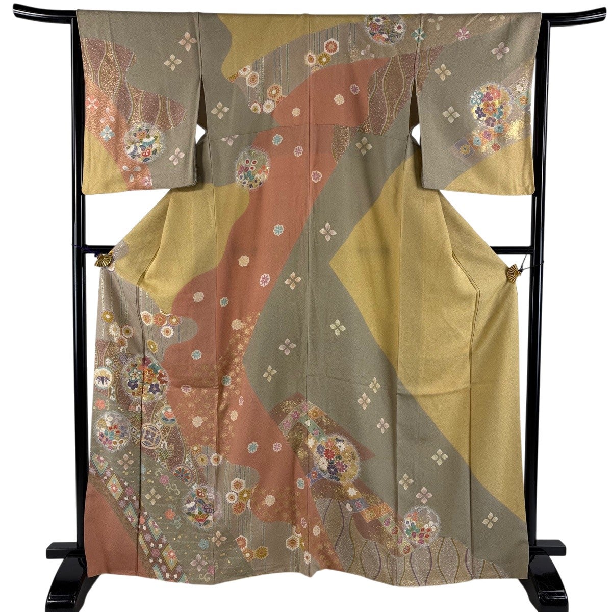 美品】 訪問着 身丈166cm 裄丈65cm M 袷 梅 立涌 金糸 金彩 ベージュ