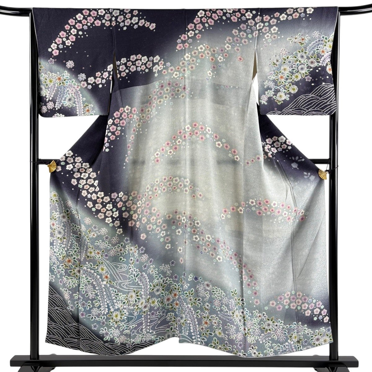 訪問着 身丈152cm 裄丈66cm M 袷 草花 銀通し ぼかし 濃紫 正絹 名品