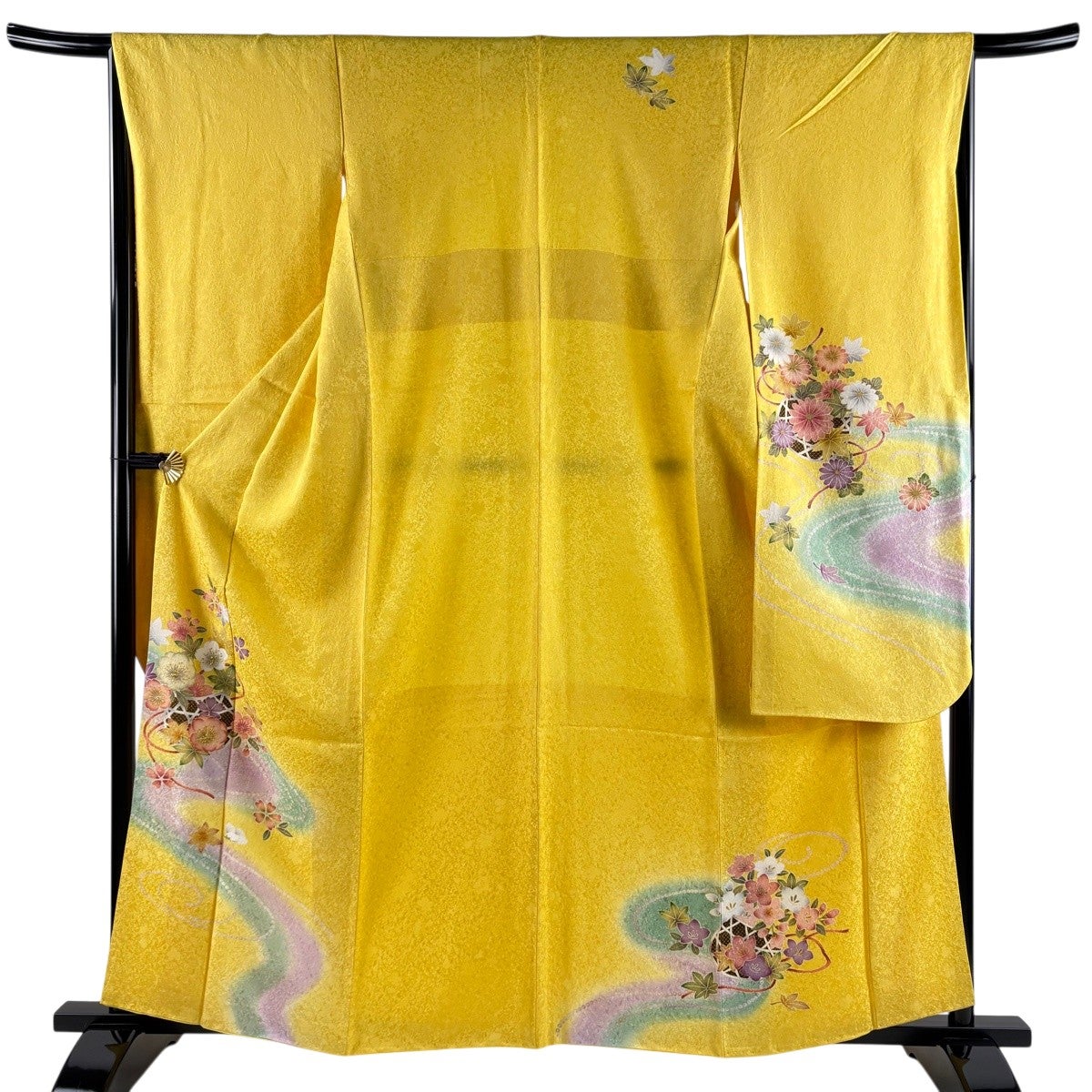 美品】 振袖 身丈162cm 裄丈65.5cm M 袷 桜 流水 箔 金彩 黄色 正絹