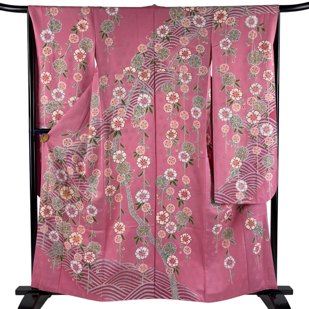 振袖　作家もの　枝垂れ桜　花びら　身丈161　裄68　正絹　着物　032tz 美品】 振袖 身丈161cm 裄丈66cm M 袷 枝垂れ桜 波 金糸 金彩 ピンク