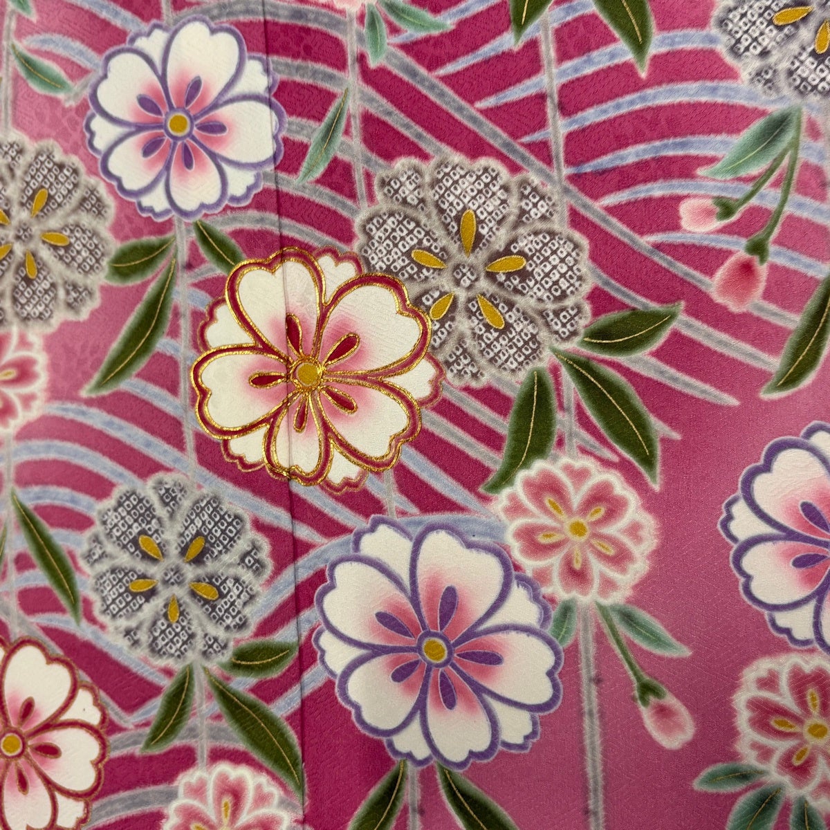 美品】 振袖 身丈161cm 裄丈66cm M 袷 枝垂れ桜 波 金糸 金彩 ピンク