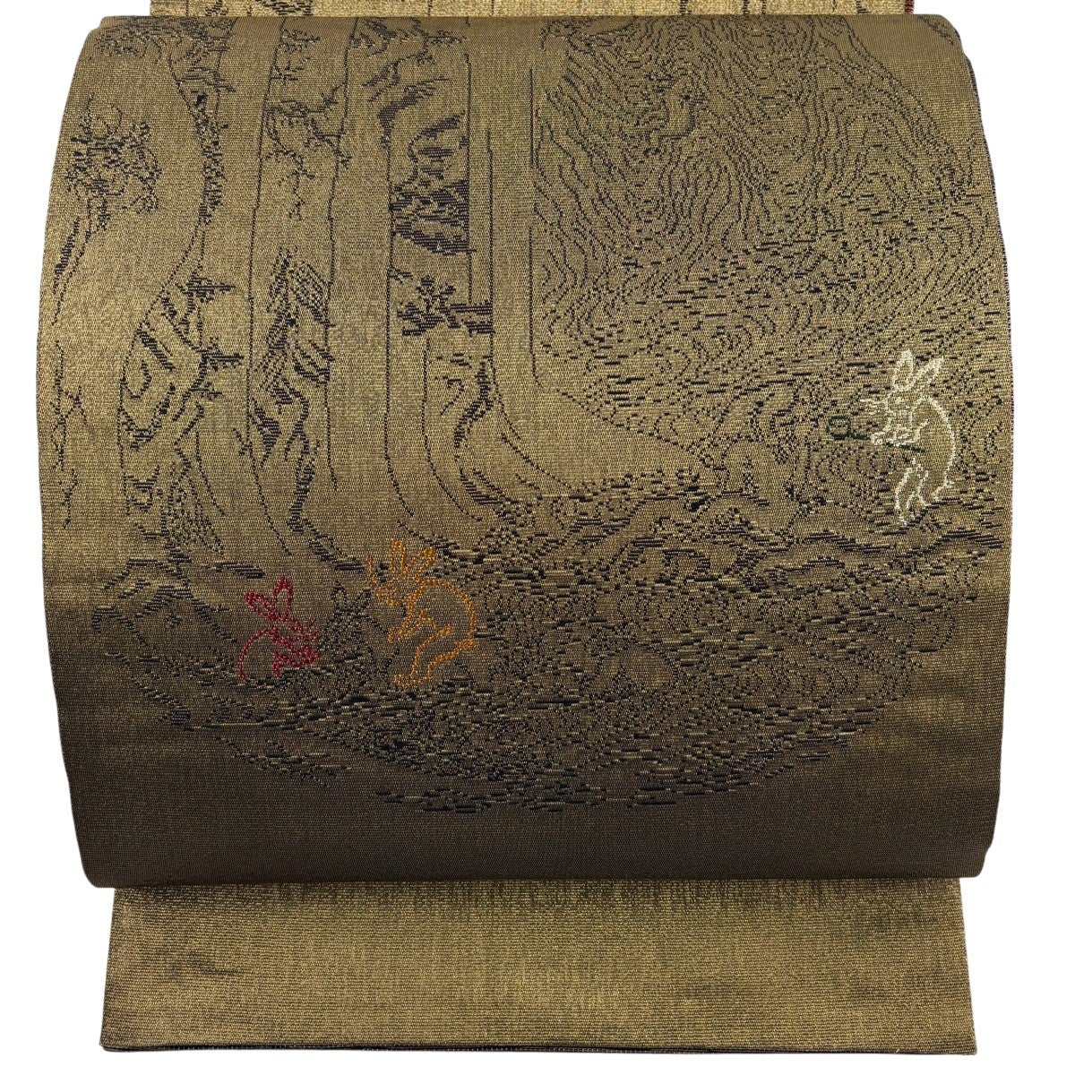 袋名古屋帯 秀品 落款あり 鳥獣戯画 うさぎ オレンジ 正絹｜中古・古着