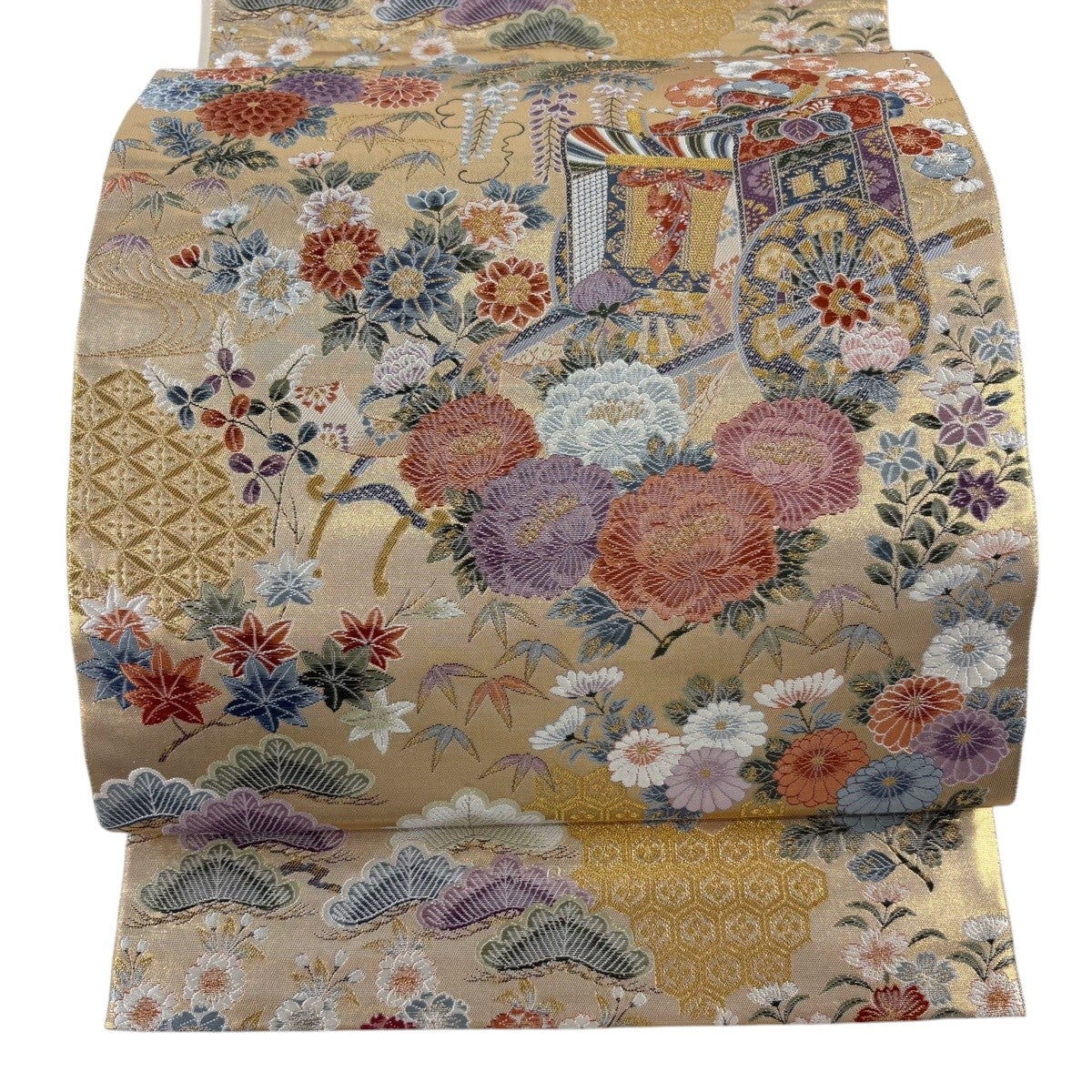 美品】 袋帯 秀品 御所車 草花 金糸 箔 金色 六通 正絹｜中古・古着