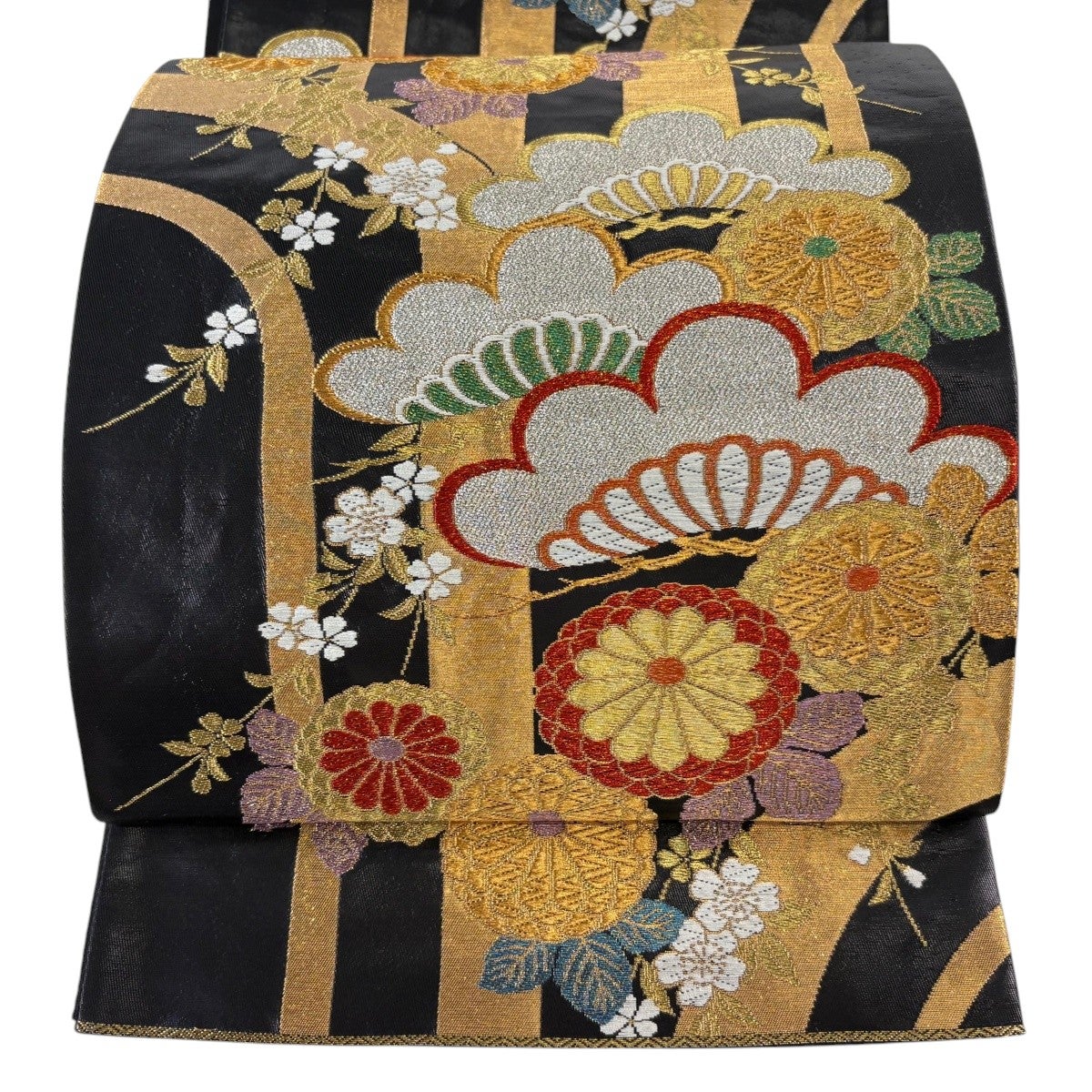 袋帯 秀品 笠松 菊 金糸 唐織 黒 六通 正絹｜中古・古着・リサイクル