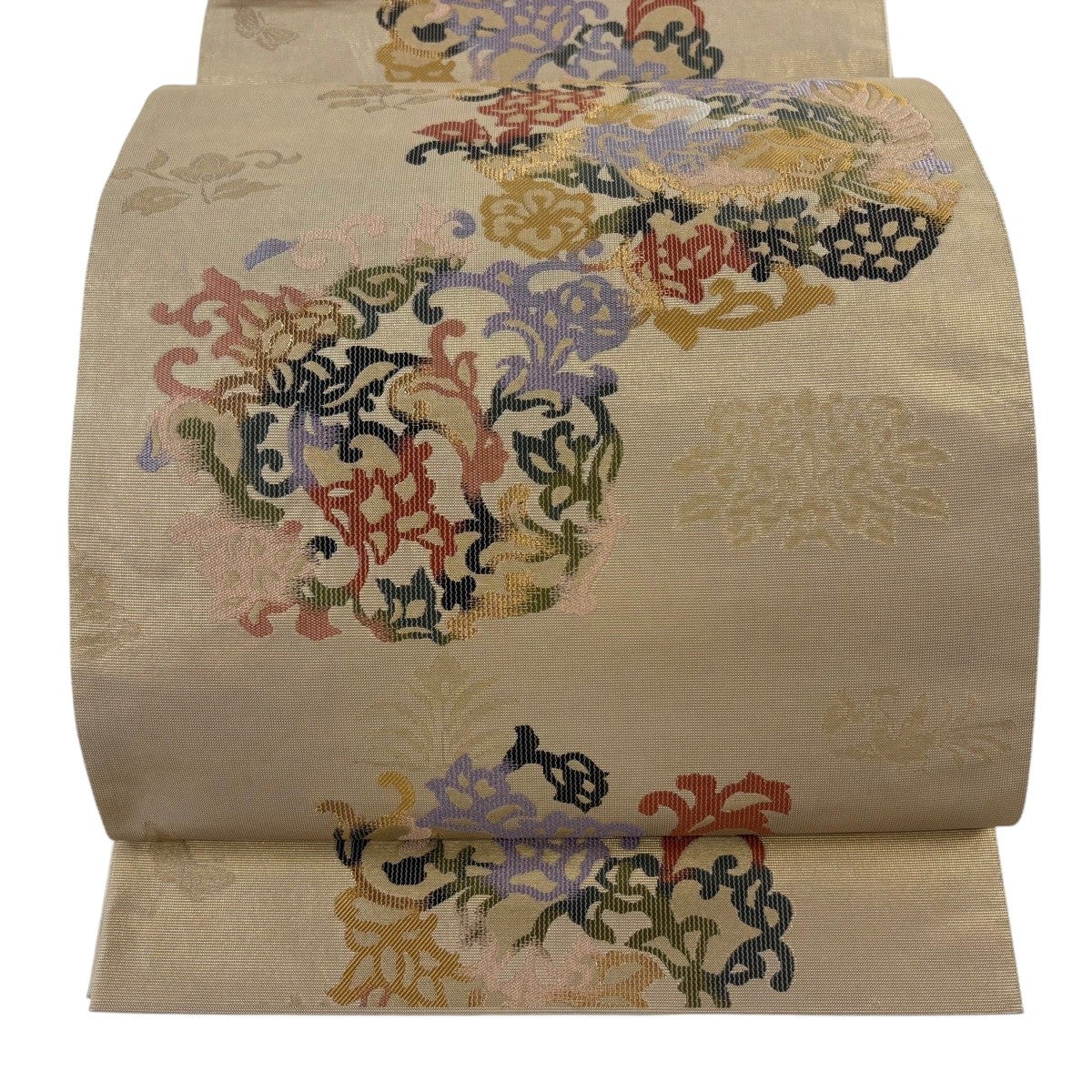 美品】 袋帯 秀品 関西仕立て 花鳥 蝶 箔 金糸 銀色 六通 正絹｜中古