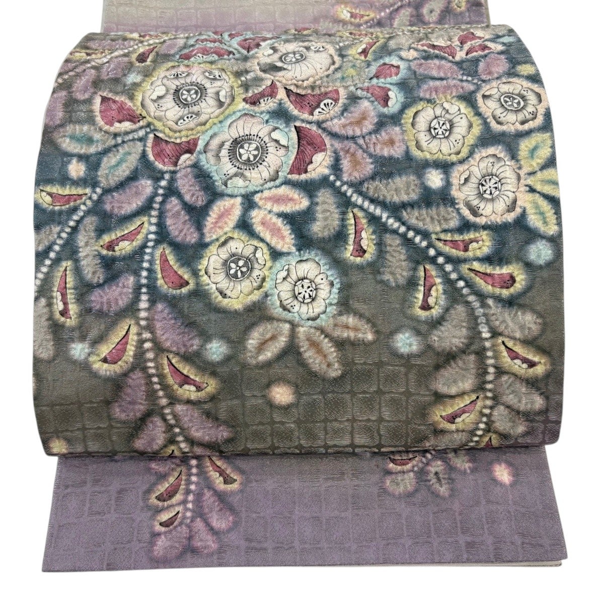 美品】 袋帯 秀品 辻が花柄 格子 銀通し 絞り 灰紫 お太鼓柄 正絹