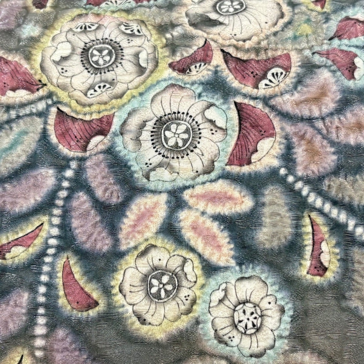 美品】 袋帯 秀品 辻が花柄 格子 銀通し 絞り 灰紫 お太鼓柄 正絹