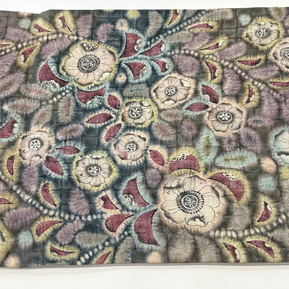 美品】 袋帯 秀品 辻が花柄 格子 銀通し 絞り 灰紫 お太鼓柄 正絹