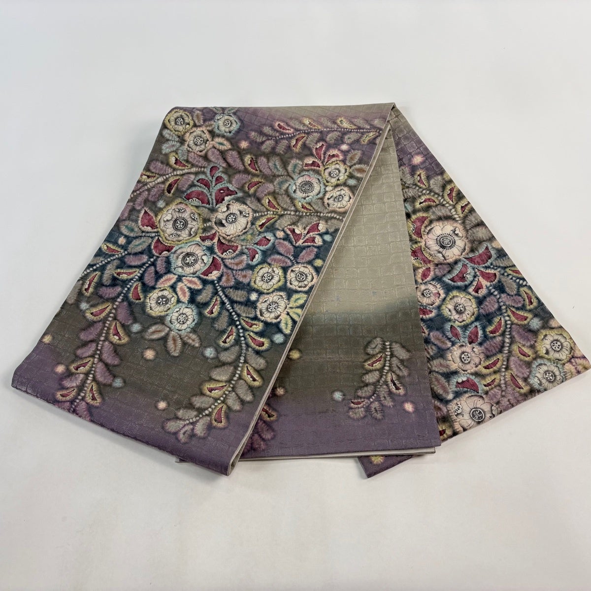 美品】 袋帯 秀品 辻が花柄 格子 銀通し 絞り 灰紫 お太鼓柄 正絹