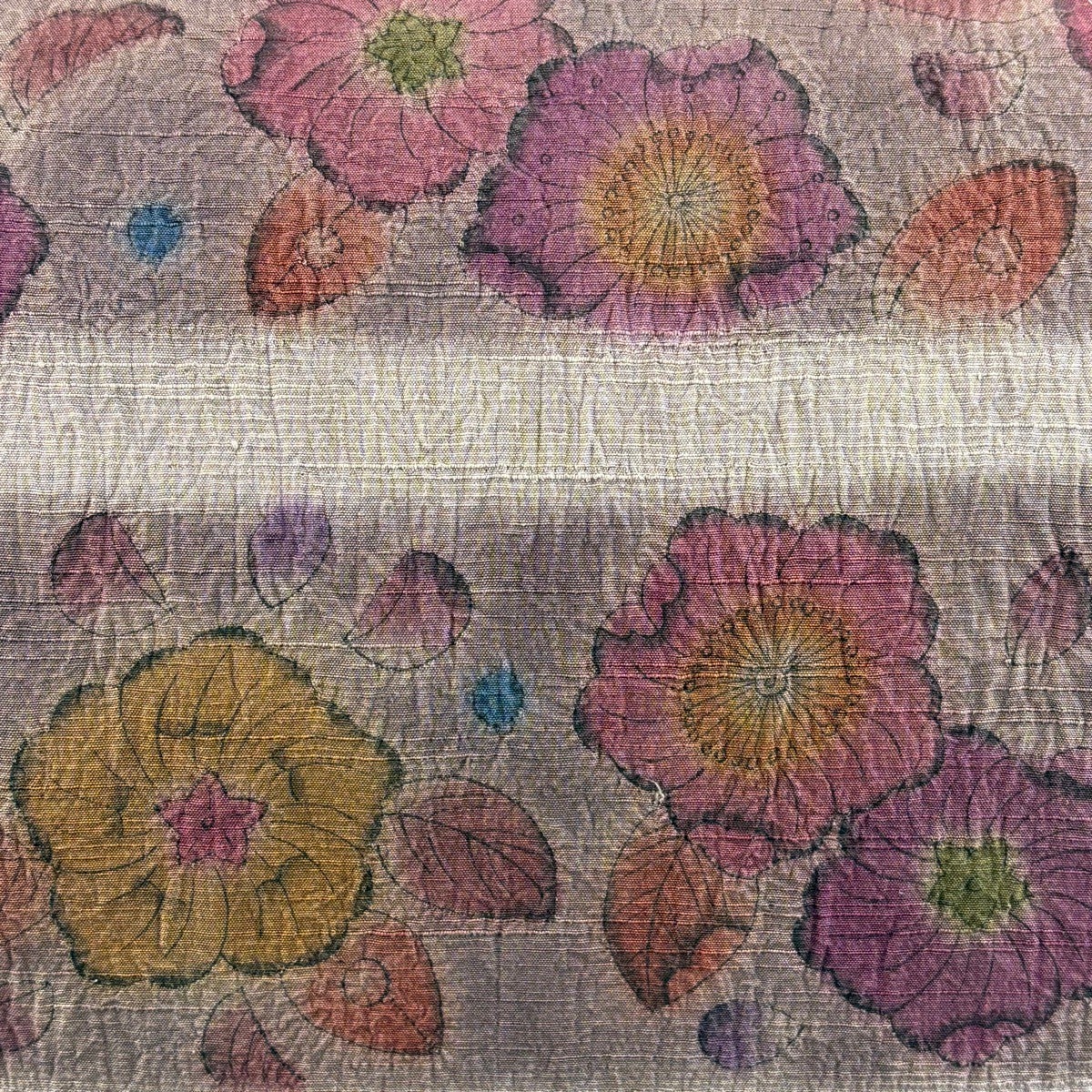 美品】 名古屋帯 名品 紬地 辻が花柄 段縞 絞り風 ぼかし 茶紫 正絹