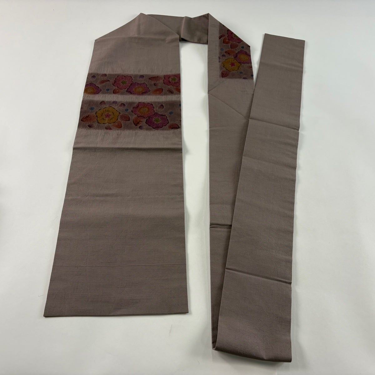 美品】 名古屋帯 名品 紬地 辻が花柄 段縞 絞り風 ぼかし 茶紫 正絹