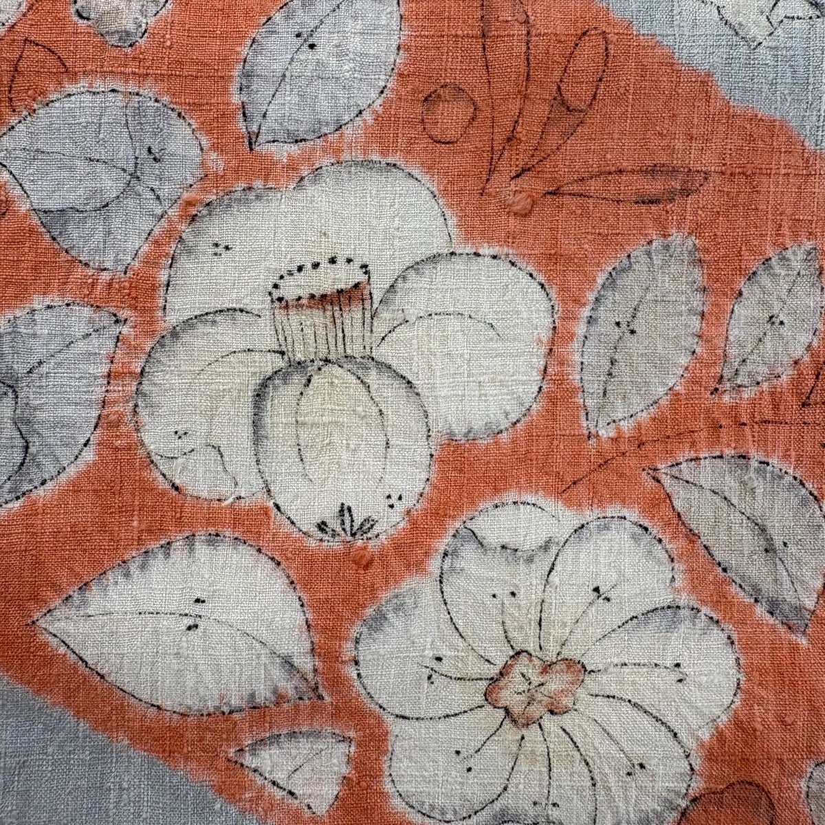 名古屋帯 名品 紬地 辻が花柄 松皮菱 絞り風 染め分け オレンジ 正絹