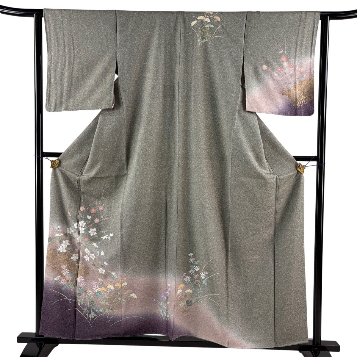 美品】 訪問着 身丈158cm 裄丈63.5cm S 袷 枝梅 草花 金彩 ぼかし 灰緑