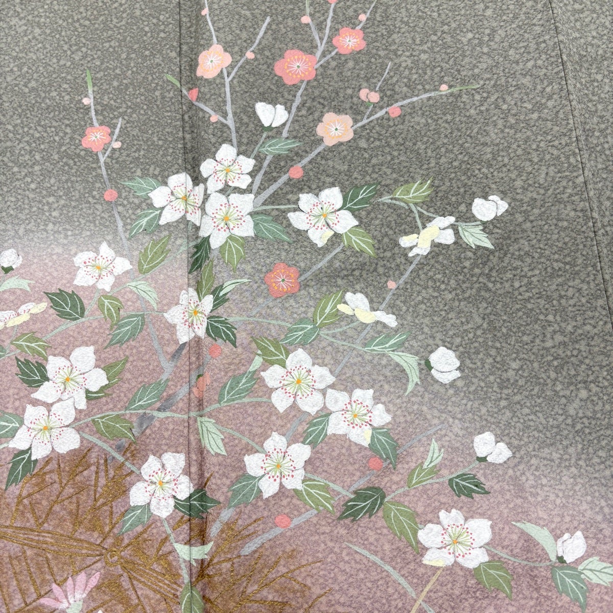 美品】 訪問着 身丈158cm 裄丈63.5cm S 袷 枝梅 草花 金彩 ぼかし 灰緑