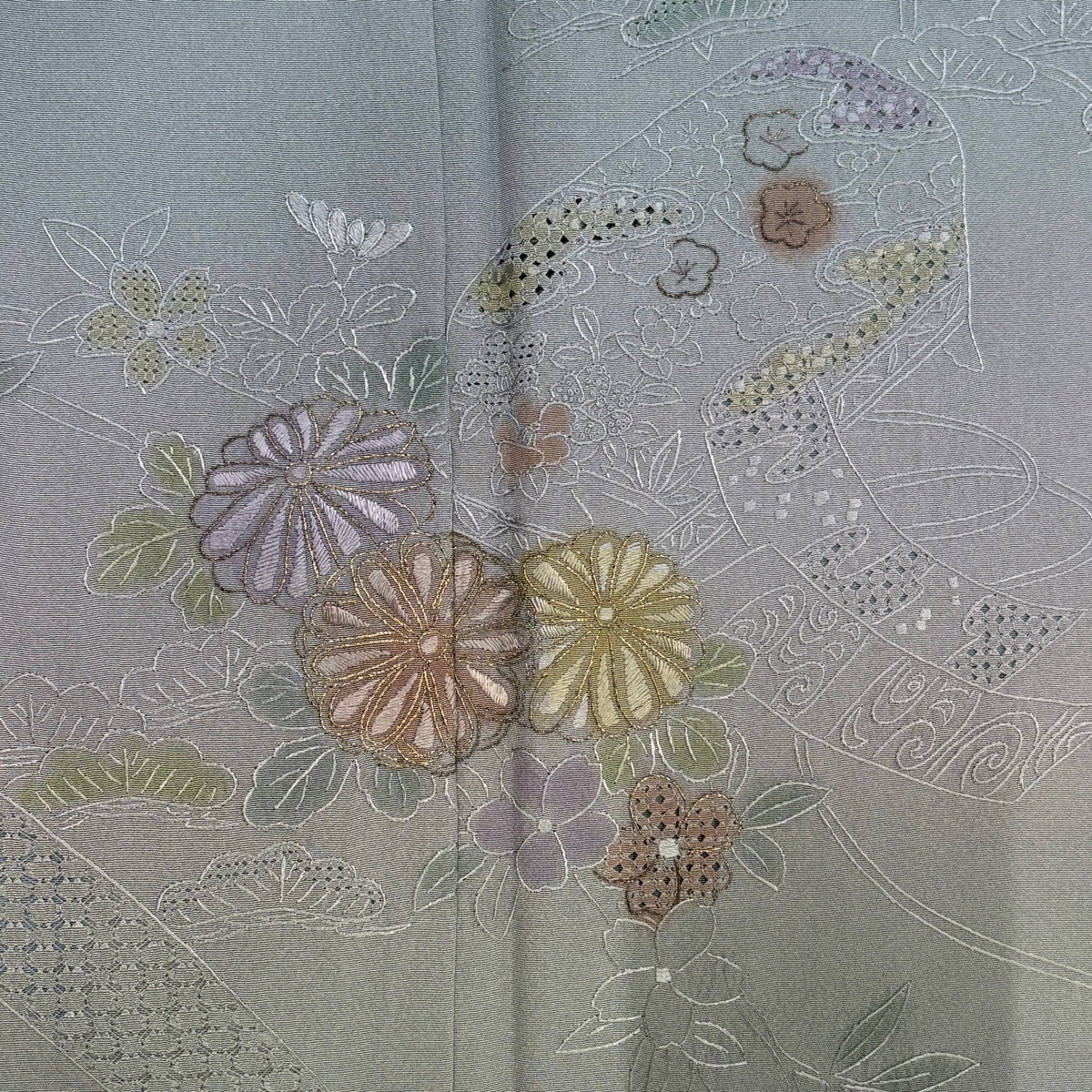 訪問着 身丈160cm 裄丈64cm M 袷 菊 枝垂れ桜 金糸 刺繍 青灰色 正絹