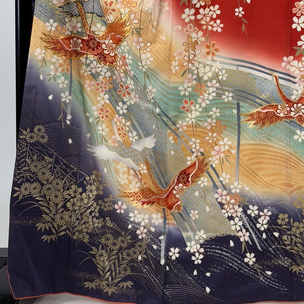 振袖 身丈166.5cm 裄丈67.5cm L 袷 鶴 枝垂れ桜 金糸 金彩 朱色 正絹