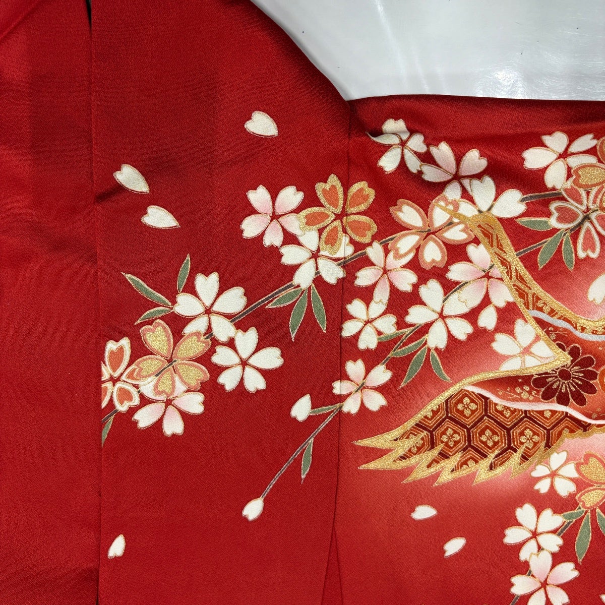 振袖 身丈166.5cm 裄丈67.5cm L 袷 鶴 枝垂れ桜 金糸 金彩 朱色 正絹