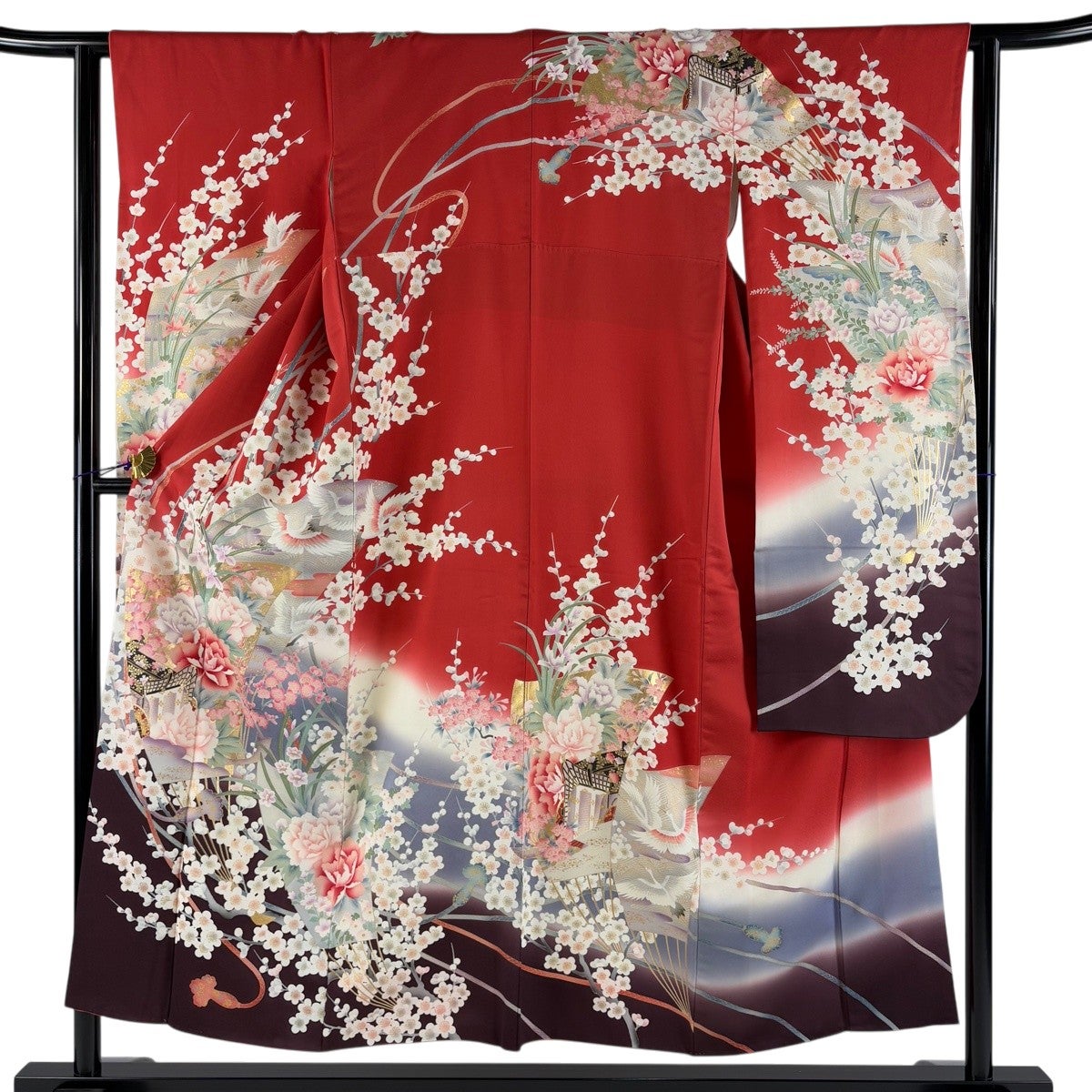 振袖 身丈152cm 裄丈61.5cm S 袷 御所車 草花 朱色 正絹 秀品｜中古