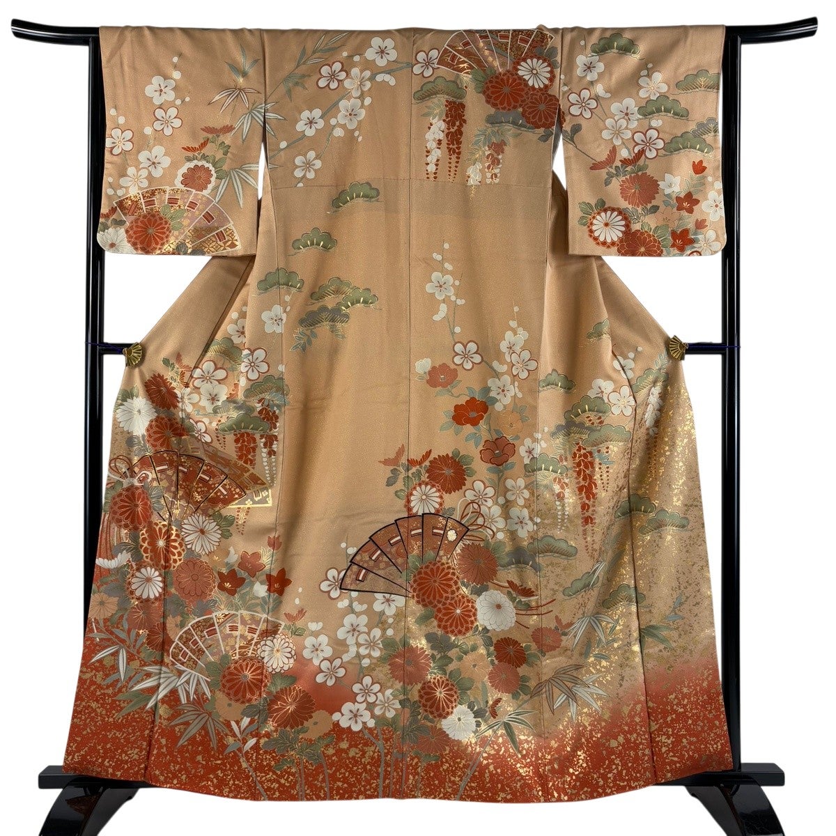 訪問着 身丈161.5cm 裄丈64cm M 袷 桧扇 菊 金通し 金彩 薄オレンジ