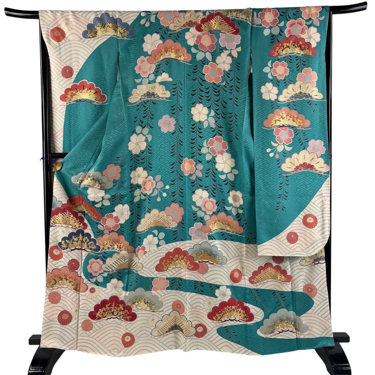 振袖 身丈164cm 裄丈66.5cm M 袷 落款あり 松 菊 金彩 染め分け 青緑
