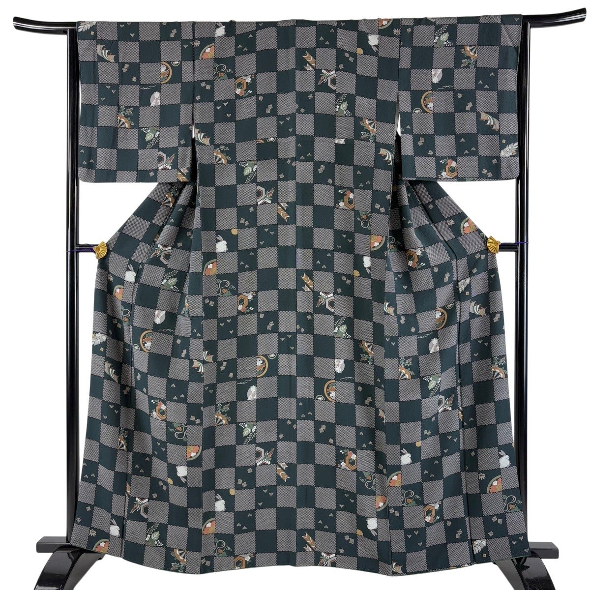 小紋 身丈160cm 裄丈65cm M 袷 市松 うさぎ 深緑 正絹 秀品｜中古