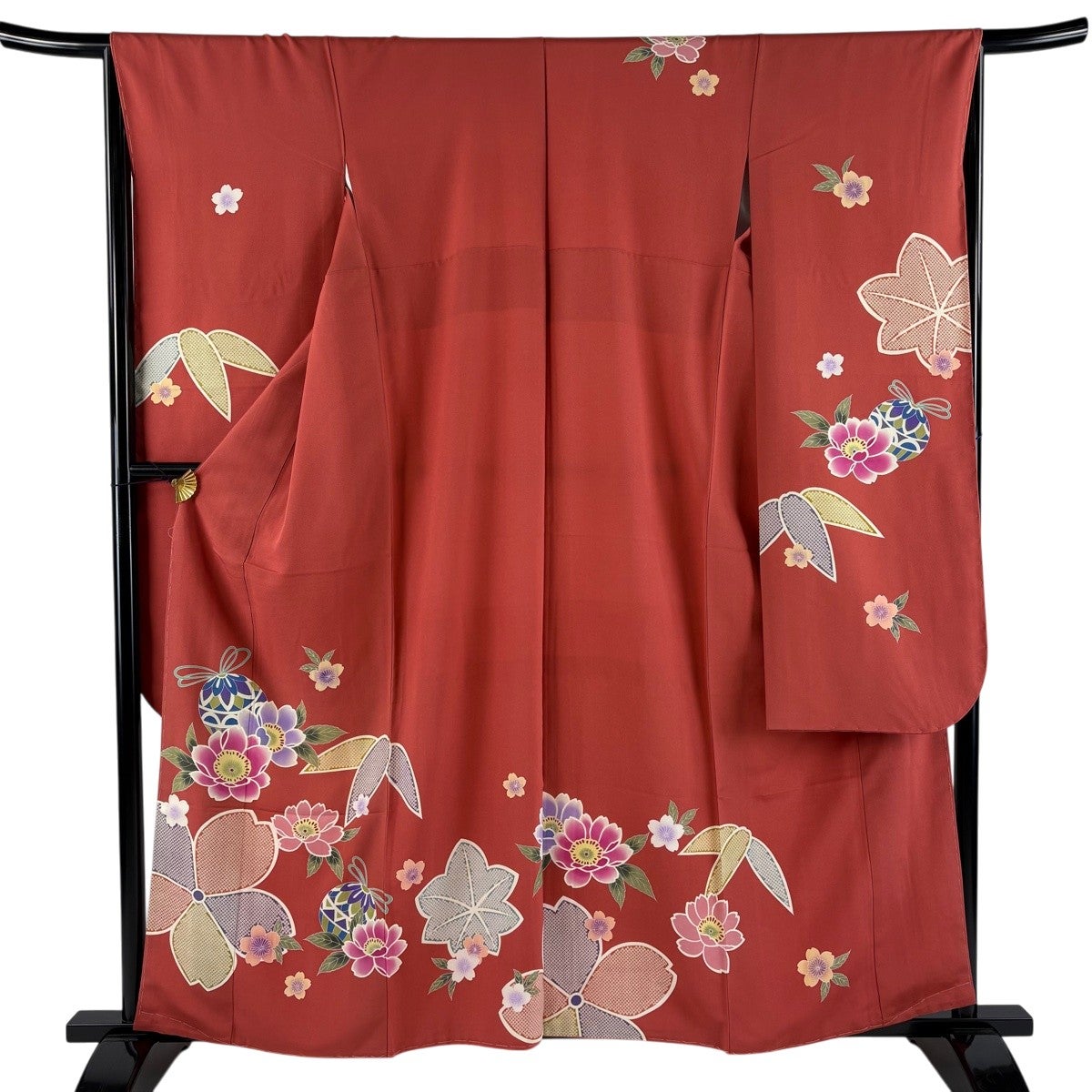振袖 身丈160.5cm 裄丈67cm M 袷 桜 手鞠 朱色 正絹 秀品｜中古・古着