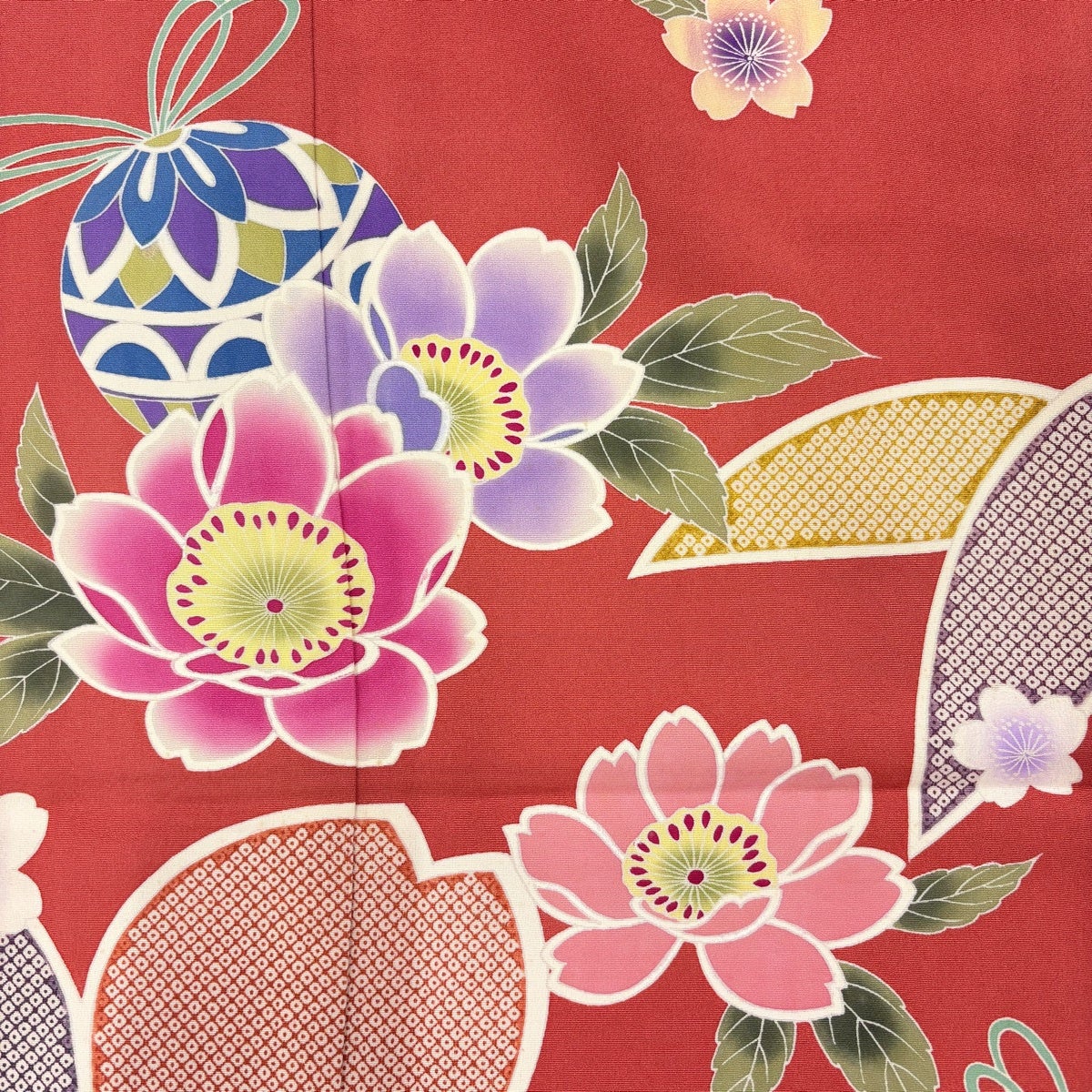 振袖 身丈160.5cm 裄丈67cm M 袷 桜 手鞠 朱色 正絹 秀品｜中古・古着