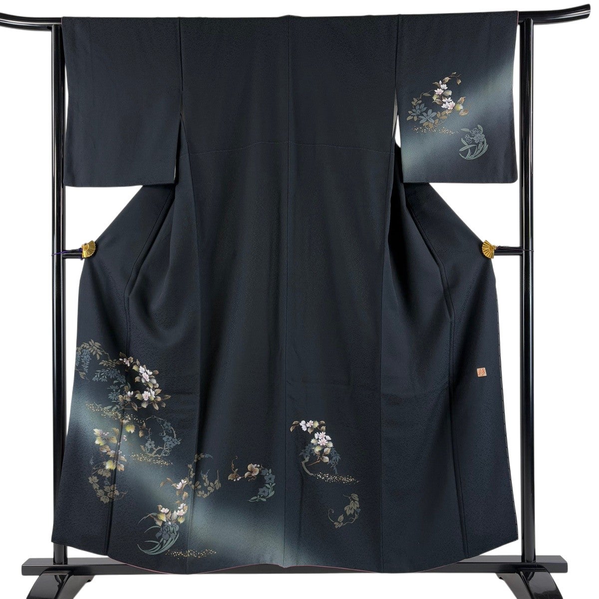 小紋　正絹　鳥居　舟　桜　波　松　山並み　樹木　　バチ襟　着物　065t 小紋 正絹 鳥居 舟 桜 波 松 山並み 樹木 バチ襟 着物 065t 【公式通販】