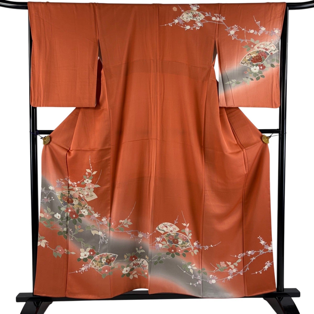 訪問着 身丈157.5cm 裄丈67.5cm L 袷 扇面 椿 金彩 ぼかし オレンジ