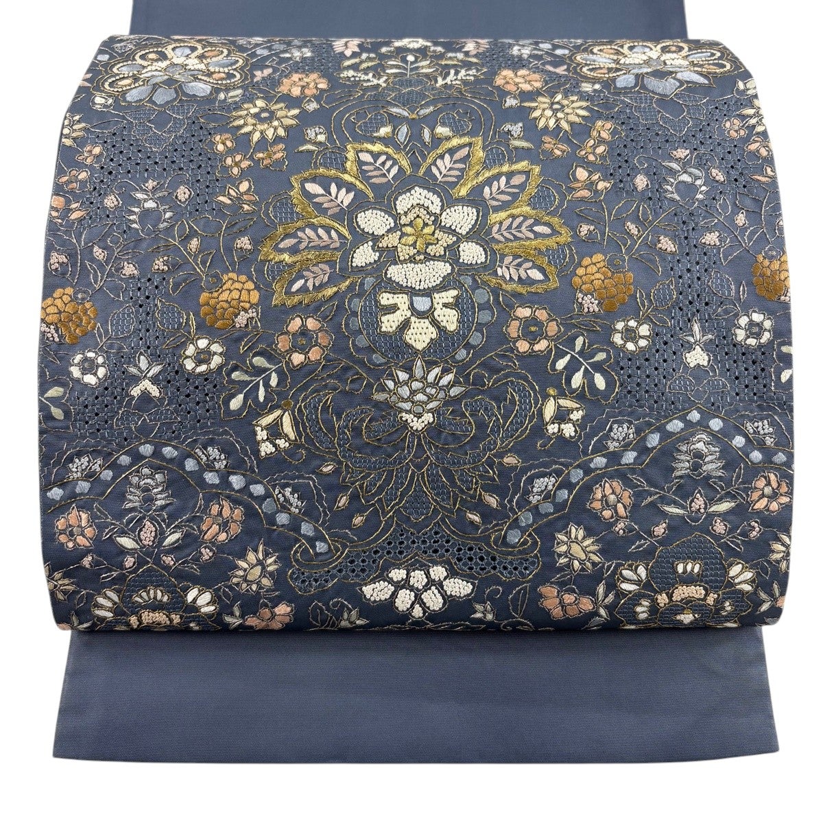 袋帯 名品 華文 草花 金銀糸 刺繍 青灰色 お太鼓柄 正絹｜中古・古着