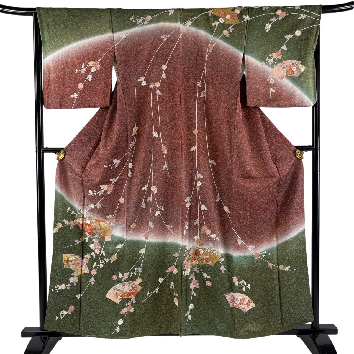 訪問着 身丈159cm 裄丈68cm L 袷 扇面 菊 金彩 ぼかし 小豆色 正絹 秀