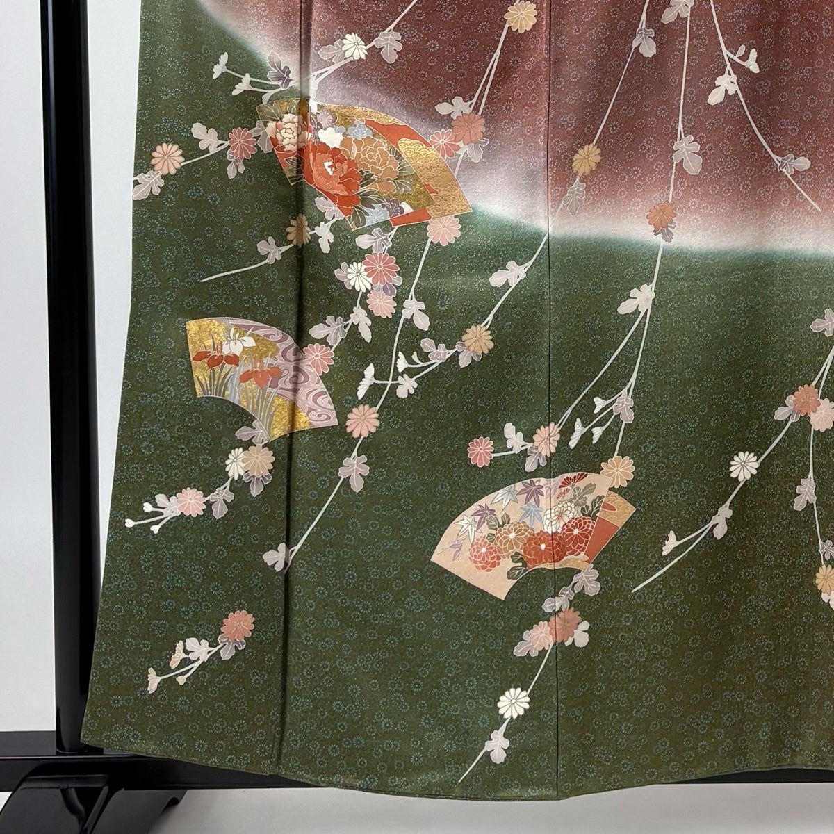 訪問着 身丈159cm 裄丈68cm L 袷 扇面 菊 金彩 ぼかし 小豆色 正絹 秀