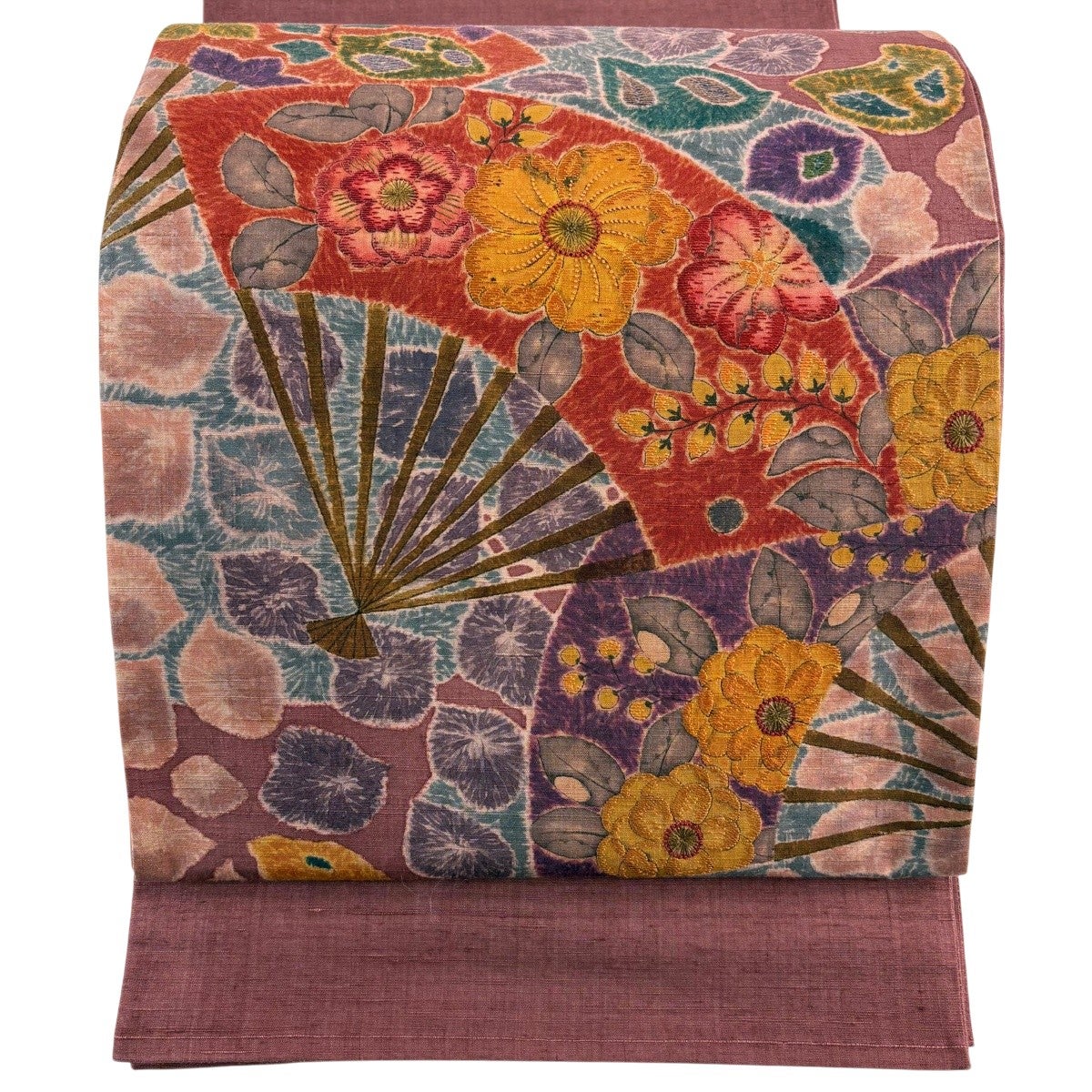美品】 袋帯 秀品 紬地 草花 刺繍 茶緑色 お太鼓柄 正絹｜中古・古着 