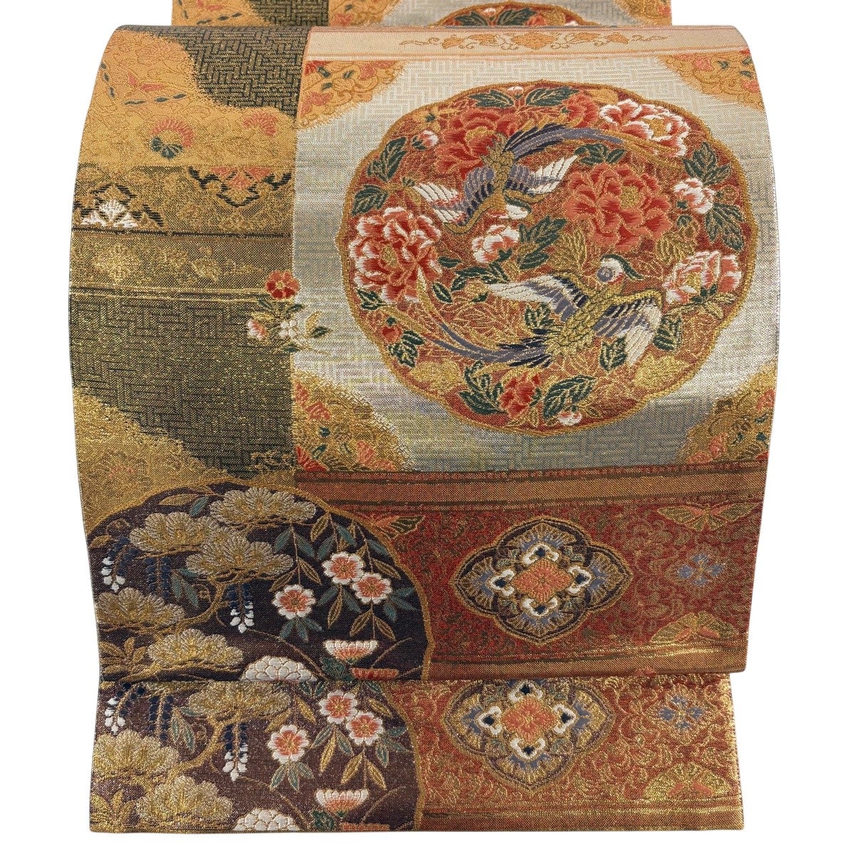 美品】袋帯 名品 CLUB mola 花鳥 魚 箔 金銀糸 赤茶 六通 正絹｜中古