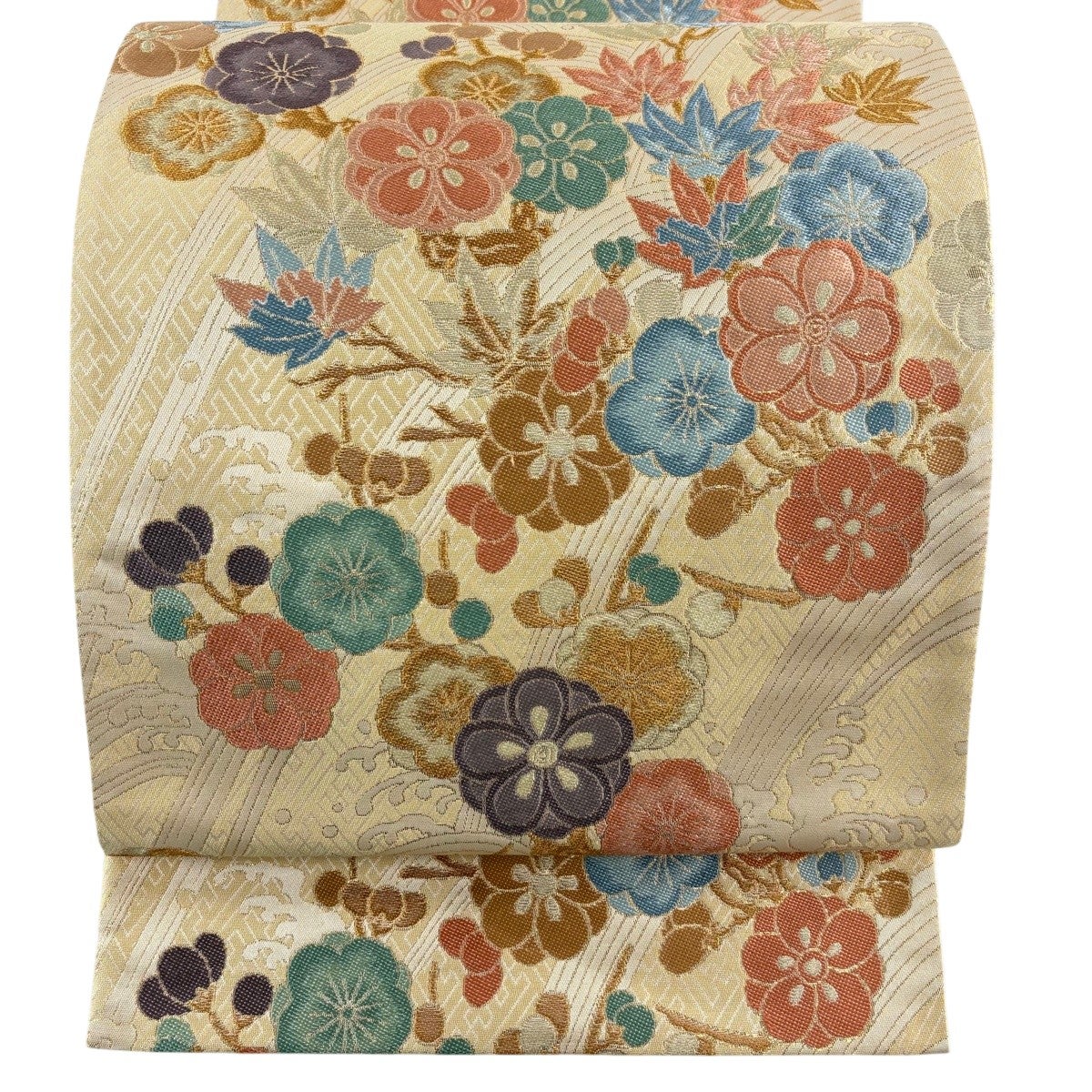 美品！丸菊 銀 金 竹作 楓 流 正絹 袋帯 二重太鼓 作り帯 美品】 袋帯 名品 菊 楓 金銀糸 綴れ ベージュ お太鼓柄 正絹｜中古