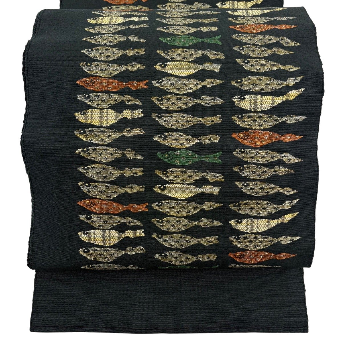 美品】 名古屋帯 秀品 トンネル仕立て 魚 黒 正絹｜中古・古着